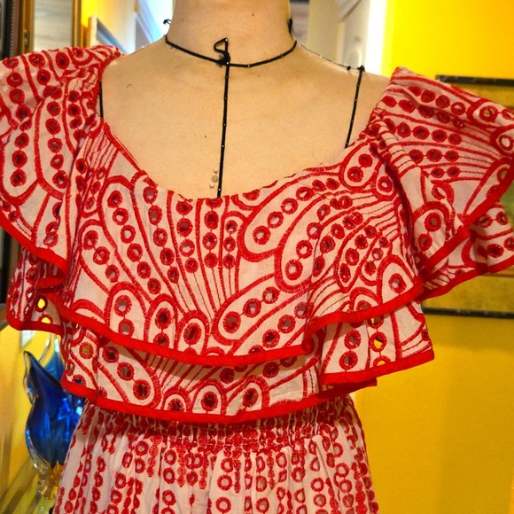 Zimmerman Elegant Red And White Embroidered Patterned Maxi Dress - Picture 6 of 7